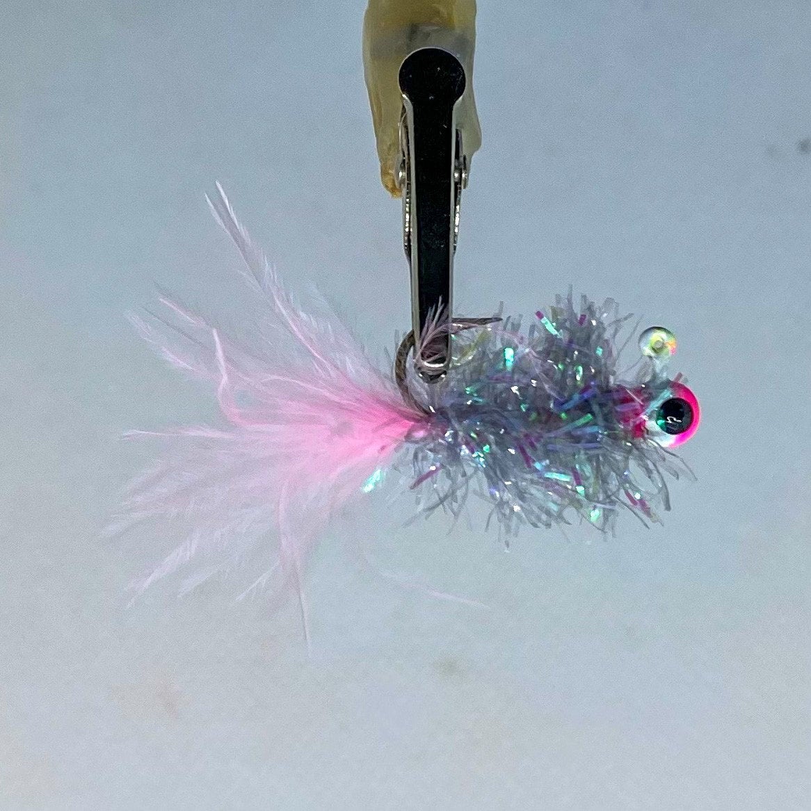 Hand Tied Jig Grey Holographic Body and Fl.Pink/White Head with Lt